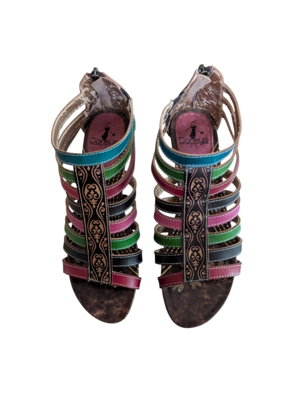 Elite By Corky's Multicolor Leather Women's Size 8 Sandals Back Zip